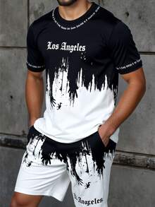 Coolqubz 2pcs/Set Teens Boys Black & White Ombre Splatter Letter Print T-Shirt Set,Summer Street Life Casual Graphic Street Fashion Drippy Outfits For Youth - Black and White - View 1
