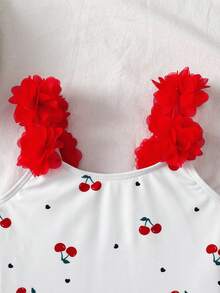 SHEIN Young Girl Cherry Blossom Print Swimsuit, Casual Vacation - Red and White - View 3