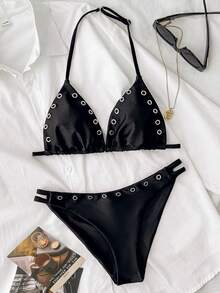 SHEIN Teen Girl Summer Beach Vacation Keyhole Design Halter Swimwear Set - Black - View 5