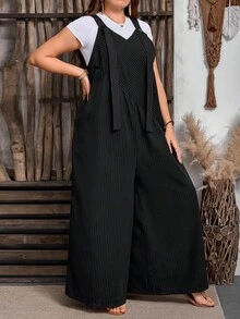 Breezaya Plus Size Striped Jumpsuit Dark Grey Woven Fabric Cropped Length With Pockets Casual Sleeveless Design - Dark Grey - View 5