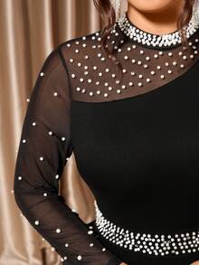 SHEIN CURVE+ Plus Size Women Solid Color Faux Pearl Decor Mesh Patchwork Long Sleeve Fitted Elegant Dress - Black - View 4