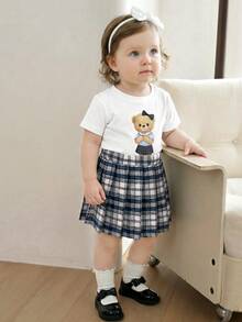 Souflis Souflis 2pcs/Set French Style Casual School Girl White Round Neck Cute Bear Graphic T-Shirt & Khaki Plaid Skirt Outfit, Suitable For School, Leisure, Home And Other Occasions, Girls - Multicolor - View 2