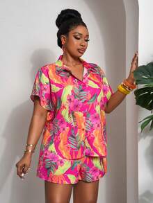 Slaydiva 新款休闲度假宽松纹理女式加大码衬衫，纽扣前襟搭配打结短裤套装，夏季 - 玫紅色 - 查看 4