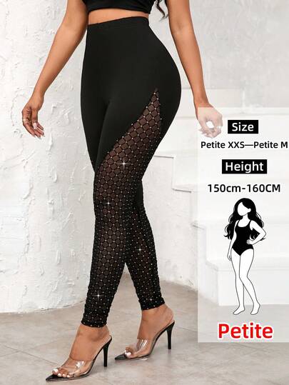 SHEIN Lady Petite Lady Petite Sequined Mesh Spliced Leggings, Elegant And Sexy For Everyday Use In All Seasons Leggings Women Legging Sets For Women Black Leggings Women Women Leggings