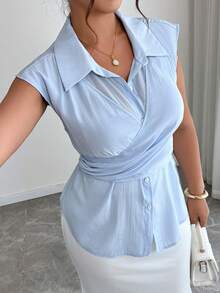 Elenzga 大码女士优雅裹腰衬衫，春夏款 - 藍色 - 查看 4