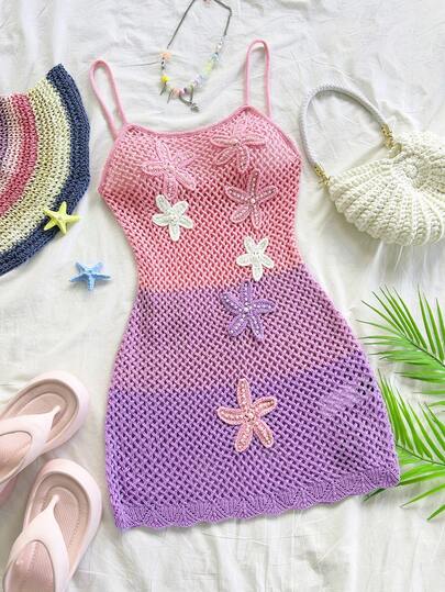 Soleia Women's Vacation 3D Starfish Decor Contrast Color Hollow Slip Dress