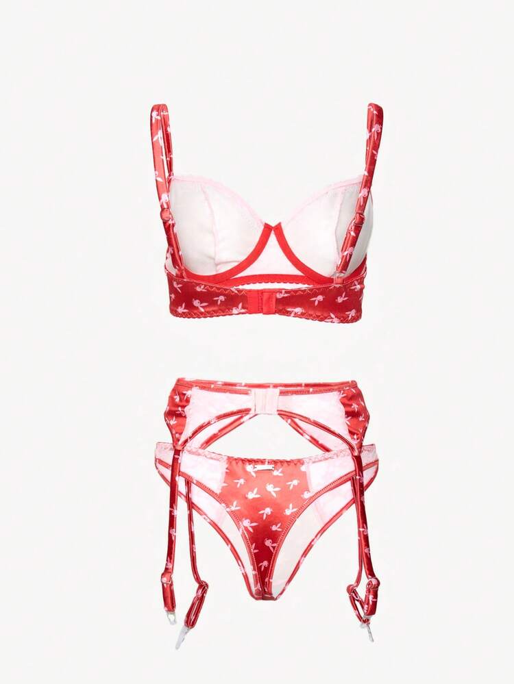 Missguided x Playboy Bunny Print Lace Trim Underwire Padded Bra With Matching High Waisted Garter Belt Panty Set Valentine's Day