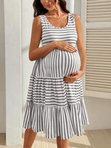 SHEIN Vestido casual de maternidad de cuello redondo sin mangas a rayas - Multicolor - Ver 4