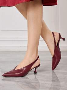 Sleekvia 女士尖头性感套脚酒红色PU后跟提拉带低帮春季鞋通勤细跟猫跟空心女鞋 - 酒紅色 - 查看 3