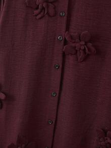 Lacomfia 2pcs/Set Casual Solid Color 3D Floral Decor Long Sleeve Loose Blouse And Elastic Waist Wide Leg Pants, Plus Size, Spring/Autumn - Maroon - View 4