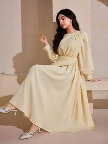 Graceveil 淡黄色优雅褶皱腰带领长袖飘逸连衣裙 - 黃色 - 查看 2