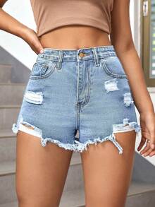 SHEIN EZwear Summer Casual Washed Ripped Denim Shorts - Light Wash - View 6