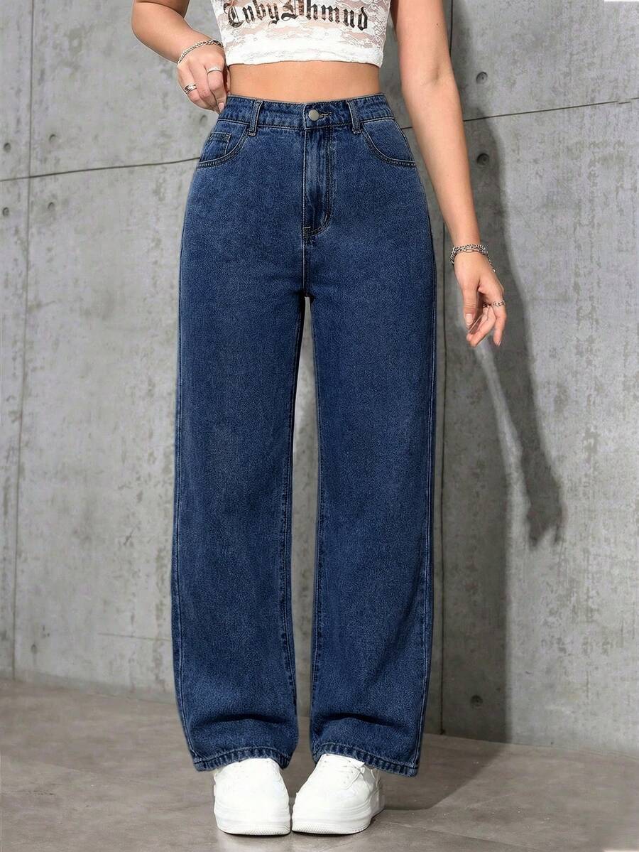 SHEIN ICON 大码女式复古街头风灰色无弹直筒牛仔裤 - 深色水洗藍 - 查看 1