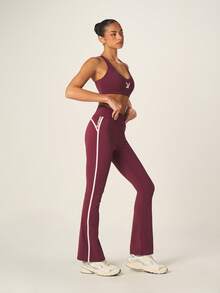 Missguided x Playboy Burgundy Racerback Sports Bra And High Waisted Flare Leg Leggings Set With White Contrast Trim - Burgundy - View 1