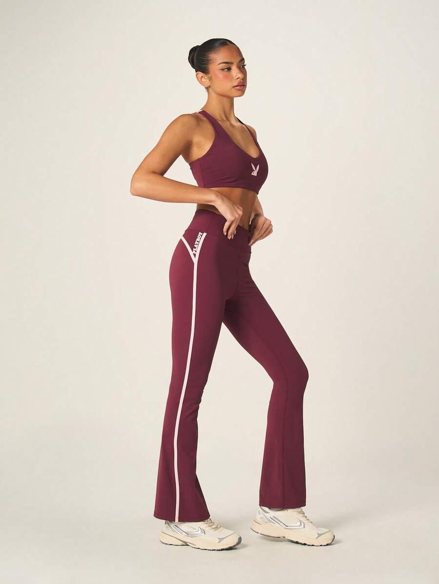 Missguided x Playboy Burgundy Racerback Sports Bra And High Waisted Flare Leg Leggings Set With White Contrast Trim - Burgundy - View 1