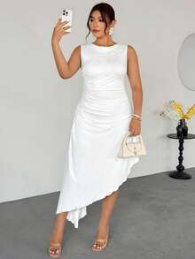 Firerie 女士优雅简约毕业/婚礼宾客连衣裙，白色无袖圆领腰部褶裥刺绣不对称下摆长款针织连衣裙，夏季 - 白色 - 查看 4