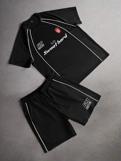 STYNVO Conjunto de camiseta de manga corta con estampado de letras y pantalones cortos para hombre