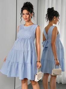 Momance Striped V-Back Cropped Elegant Bow Tie Maternity Dress - Blue - View 1