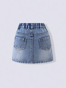 Young Girl Summer Casual Washed Strawberry Print Denim Mini Skirt - Light Wash - View 2
