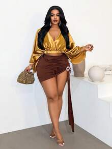 Maweii Plus Size Women Deep V-Neck Ruffle Top And Ruffle Mini Skirt Casual 2-Piece Set - Multicolor - View 2