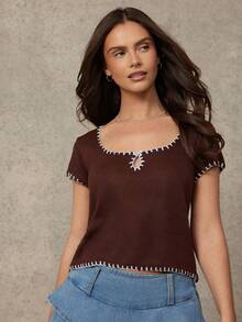 WESTFADE Scoop Neck Keyhole Button Front Cut Out Short Sleeve Contrast Mixed Stitch Knit Top - Multicolor - View 1