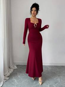 Elenzga Váy dự tiệc thanh lịch dành cho nữ, màu đỏ tía, cổ áo hình trái tim, nút trang trí bằng kim loại, thiết kế nhún bèo, tay dài, dáng ôm, viền xòe, phù hợp cho mùa xuân và mùa thu - Màu Đỏ Sâu - Xem 5