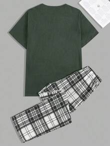 Cotton Men's Comfortable Casual Small Logo Print T-Shirt And Plaid Pants Pajama Set - Army Green - View 2