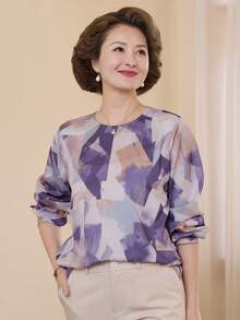 Vivie Lora Women's Loose Fit Round Neck Geometric Pattern Shirt - Purple - View 2