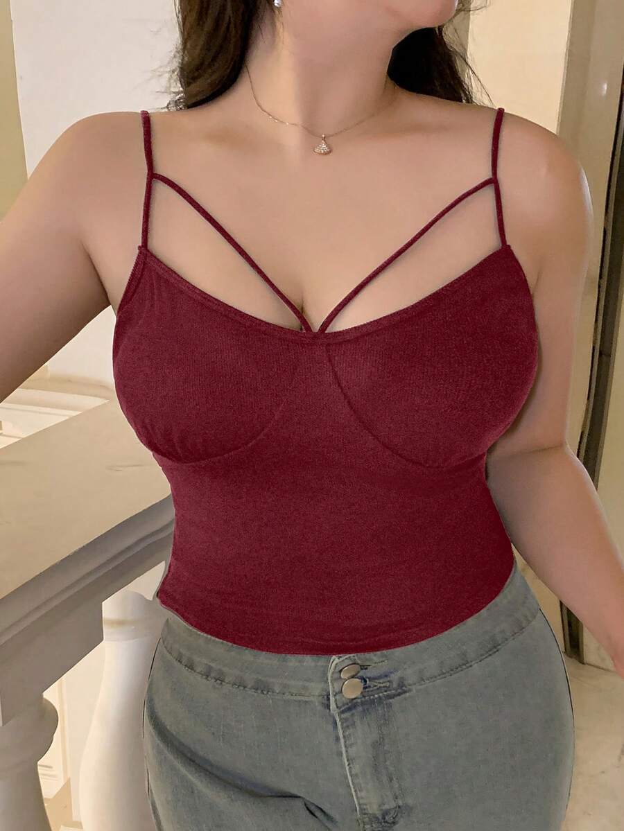Dazy Plus 纯色镂空修身短款吊带背心，适合所有季节 - 酒紅色 - 查看 1
