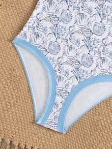 SHEIN 少女贝壳印花连体泳衣，适合游泳、度假、夏季海滩、泳池、节日派对 - 彩色 - 查看 6