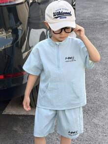 SHEIN Little Byeori Young Boys Casual Printed Short Sleeve T-Shirt And Shorts Set - Baby Blue - View 1