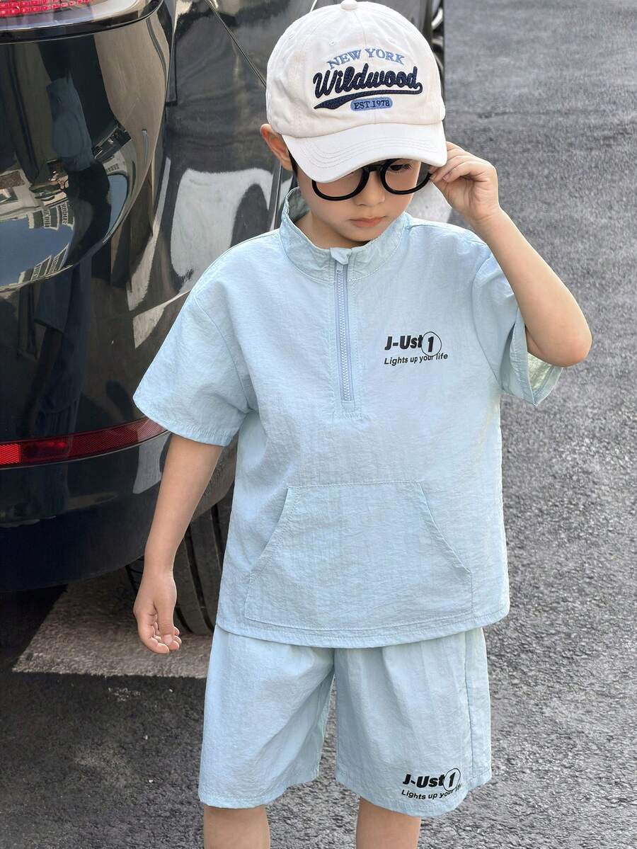 SHEIN Little Byeori Young Boys Casual Printed Short Sleeve T-Shirt And Shorts Set - Baby Blue - View 1