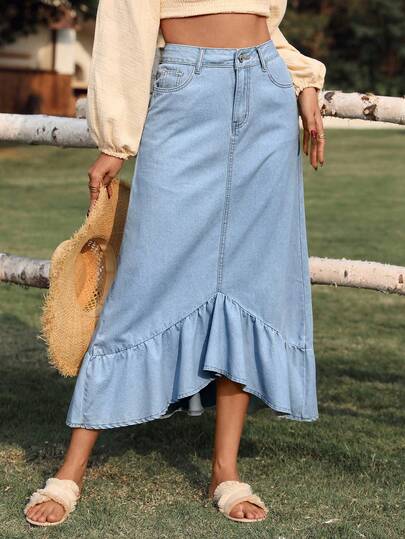 Breezaya Women's Solid Color Ruffle Asymmetric Hem Casual Denim A-Line Skirt