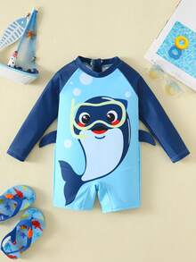 SHEIN Áo liền quần dài tay thoải mái, dễ thương cho bé trai/bé gái, thích hợp cho các hoạt động ngoài trời, kỳ nghỉ, bơi lội, suối nước nóng, bãi biển, lướt sóng, mùa xuân/hè. - Nhiều màu - Xem 4