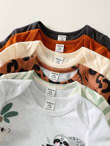 SHEIN 6pcs Newborn Baby Unisex Casual Knit Funny Cartoon Print Short Sleeve Romper Basic Bodysuit Set,Kids - Multicolor - View 5