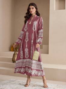 Al Najma New Notched Collar Gold Tassel Pendant High-End Embroidery Elegant Casual/Party Traditional Long Dress - Dusty Pink - View 2