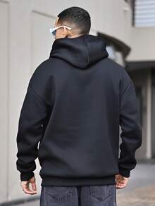 Devon Thys 男士套头连帽衫，带抽绳，宽松版型，文字印花设计，适合秋冬季节，长袖上衣 - 黑色 - 查看 3