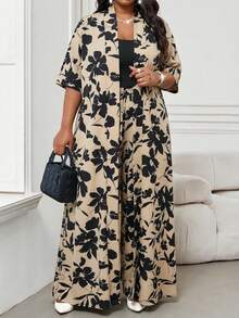 SHEIN Lady Bộ áo choàng và quần dài in hoa dành cho nữ cỡ lớn, kiểu dáng thường ngày, gồm 2 món. - Nhiều màu - Xem 7
