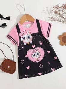 SHEIN 可爱粉色爱心和小猫印花，女婴休闲宽松卡通图案圆领短袖连衣裙，适合夏季穿着 - 彩色 - 查看 3