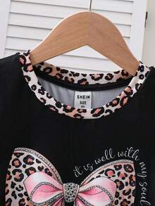 SHEIN 女童圆领短袖蝴蝶结印花豹纹图案休闲百搭T恤，夏季 - 彩色 - 查看 3