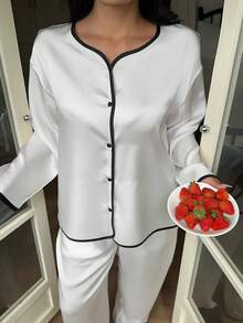 Dazy Plus Plus Size Comfortable Contrast Trim Front Button Long Sleeve Top And Pants Pajama Set, Autumn - Apricot - View 5