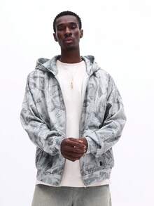 SUMWON 男士宽松版型全拉链迷彩连帽衫，罗纹袖口和下摆，休闲冬季街头风宽松款 - 灰色 - 查看 5