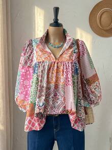 Rusticease Blusa holgada de manga farol con estampado floral para mujer de talla grande, top de verano, estilo campestre para mujer, primavera - Multicolor - Ver 7