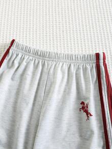 SHEIN 2件套男童休闲舒适百搭条纹缎带撞色圆领短袖T恤和纯色短裤套装 - 灰色 - 查看 8