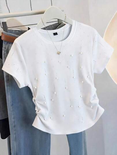 GlowEve CURVE Plus Size Women Casual Spring/Summer Short Sleeve Beaded & Rhinestone Decor Round Neck Ruched Waist T-Shirt