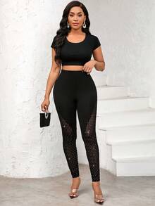 SHEIN Lady Petite 女士小号亮片网纱拼接打底裤，优雅性感，适合四季日常穿着。女士打底裤套装，黑色打底裤，女士打底裤，情人节度假打底裤，女士海滩打底裤，女士海滩打底裤，夏季海滩打底裤，黑色裤子，春季派对打底裤，夏季女士打底裤，毕业典礼派对打底裤。 - 黑色 - 查看 5