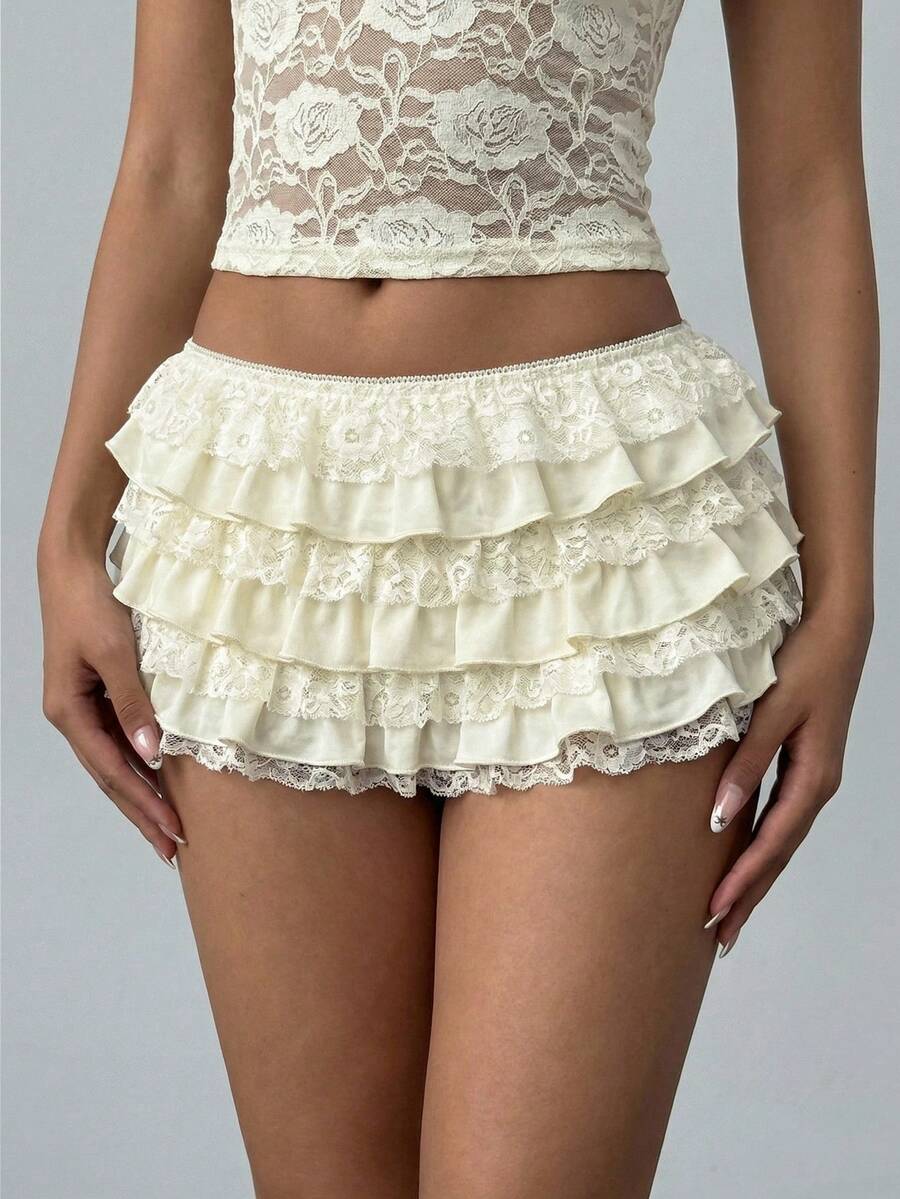 Aloruh Women's New Sexy Lace Solid Black Ruffle Hem Low Waist Shorts Hotpants Ruffled Shorts White Ruffle Shorts Ruffled Skirt Frilly Skirt Bloomers Ruffle Shorts - Beige - View 1