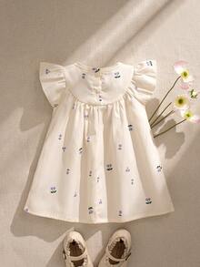 Souflis Souflis Baby Girls' Summer New Striped Cherry Print Flutter Sleeve Ruffle Collar Red Trim Bow Decor Back Placket Simple Fashion Princess Dress - Multicolor - View 3