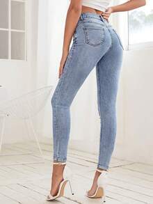 SHEIN Frenchy Quần jean denim nữ kiểu dáng thường ngày, có túi và cúc - Rửa nhẹ - Xem 2