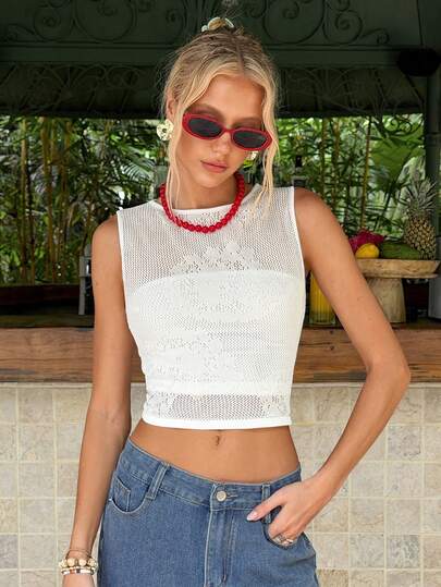 MainGRL 2026 White Semi-Sheer Knit Elegant Vintage Style Women Sweater Vest, Suitable For Party, Holiday, Casual Wear